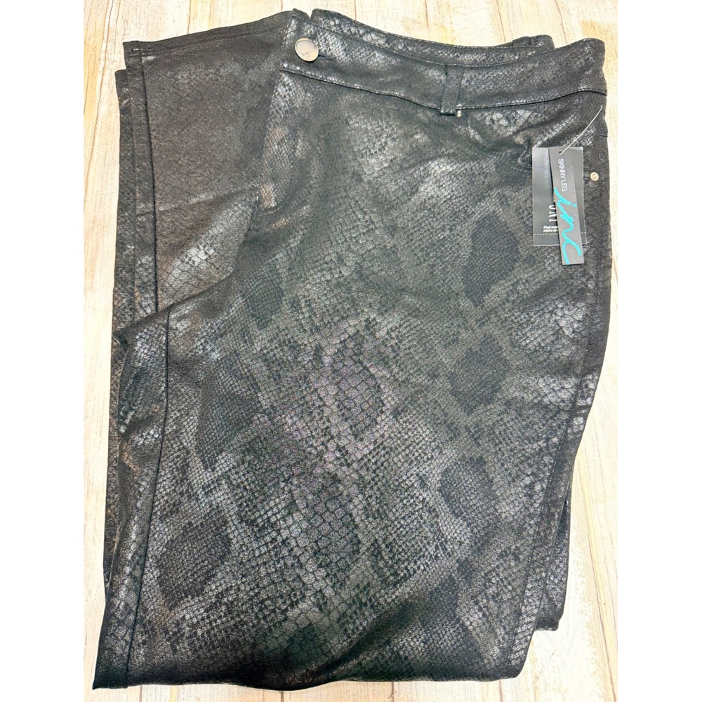 INC International Concepts Black Metallic Snakeskin Skinny Leg Pants 16W NWT